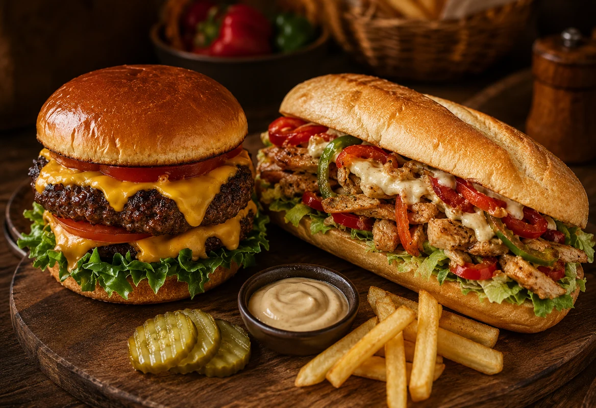 Burger und Sandwich mit Pommes
